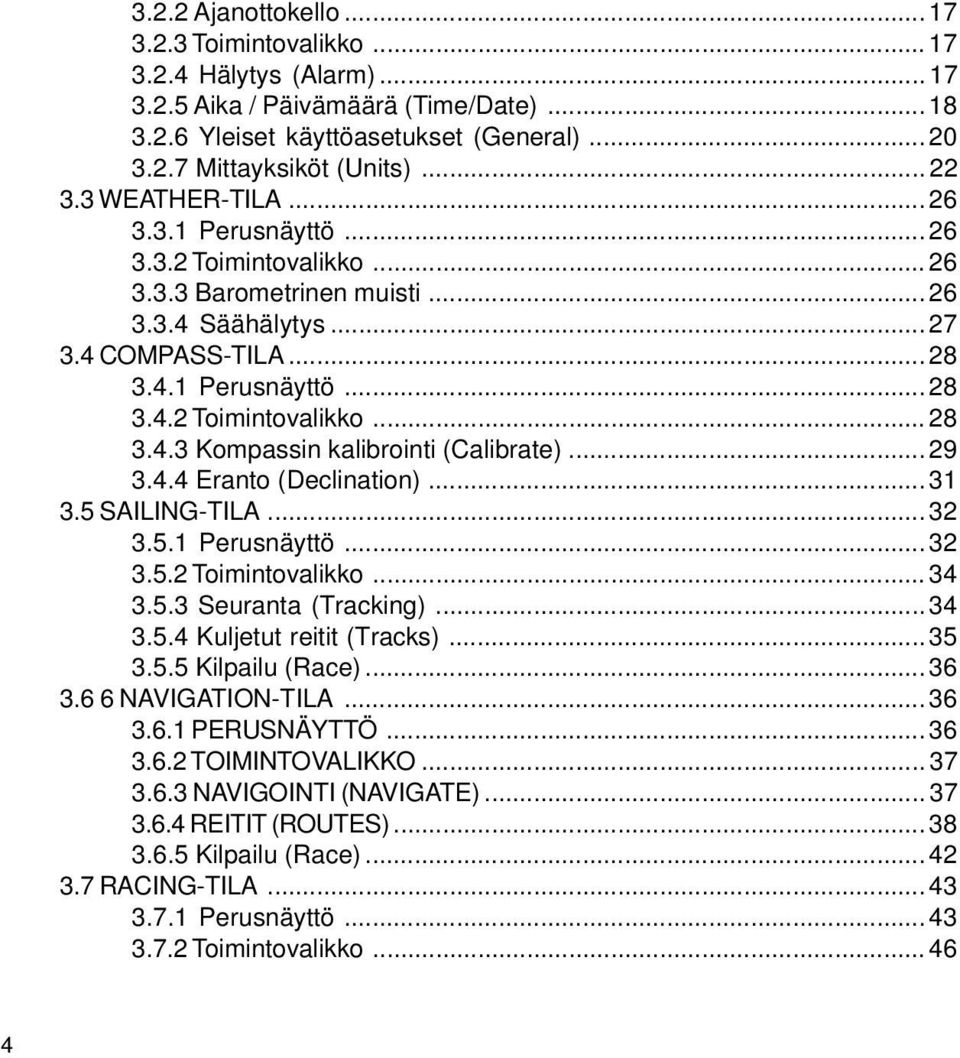 .. 29 3.4.4 Eranto (Declination)... 31 3.5 SAILING-TILA... 32 3.5.1 Perusnäyttö... 32 3.5.2 Toimintovalikko... 34 3.5.3 Seuranta (Tracking)... 34 3.5.4 Kuljetut reitit (Tracks)... 35 3.5.5 Kilpailu (Race).