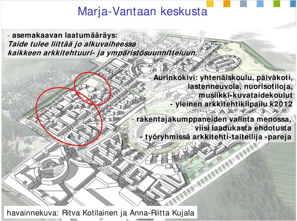 - Aurinkokivi: yhtenäiskoulu, päiväkoti, lastenneuvola, nuorisotiloja, musiikki-kuvataidekoulut - yleinen