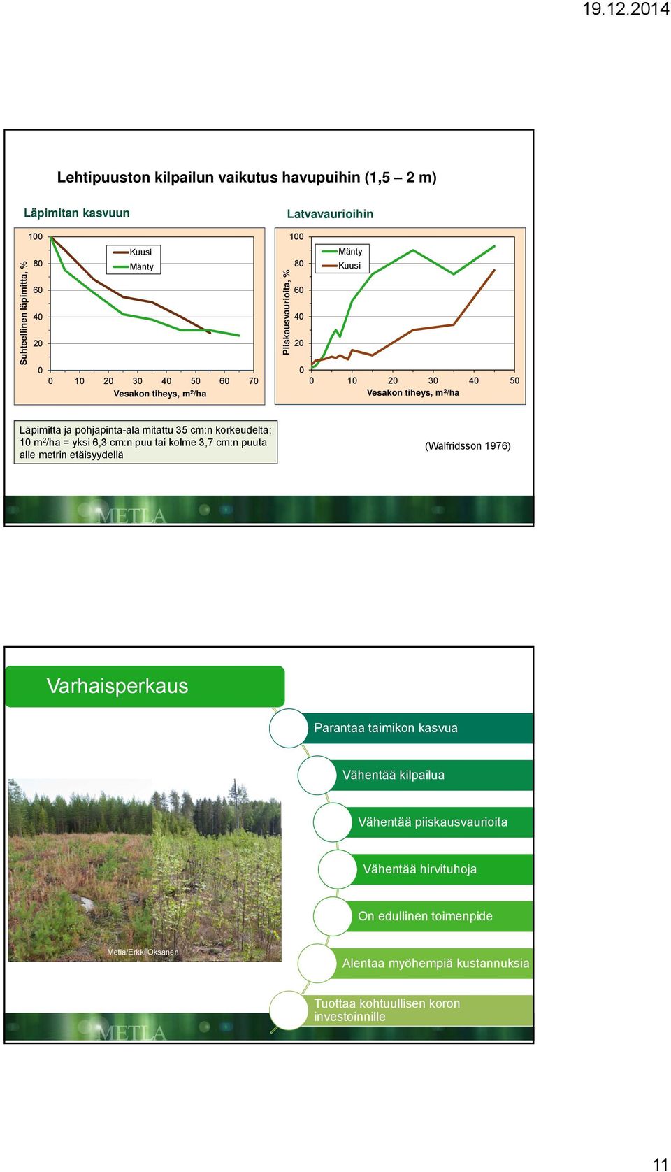 /ha = yksi 6,3 cm:n puu tai kolme 3,7 cm:n puuta alle metrin etäisyydellä (Walfridsson 1976) Varhaisperkaus Parantaa taimikon kasvua Vähentää kilpailua