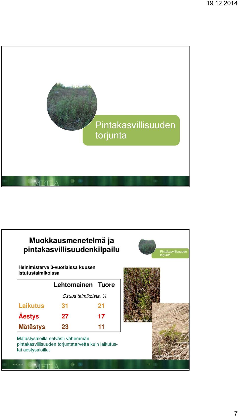 21 Äestys 27 17 Mätästys 23 11 Kuva Oksanen/Metla Mätästysaloilla selvästi vähemmän