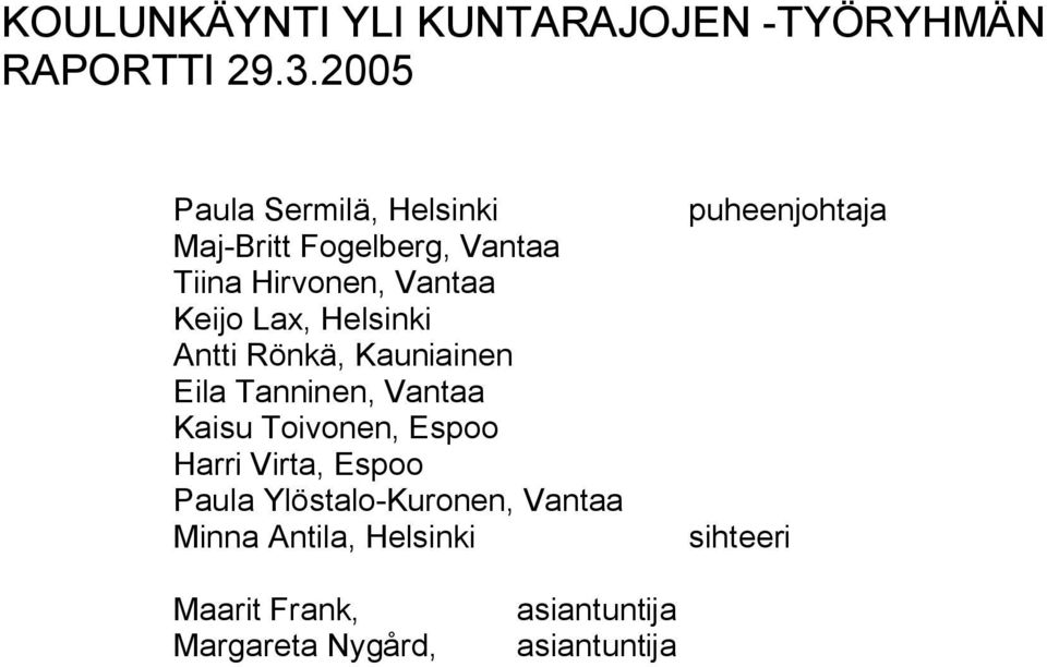 Helsinki Antti Rönkä, Kauniainen Eila Tanninen, Vantaa Kaisu Toivonen, Espoo Harri Virta,