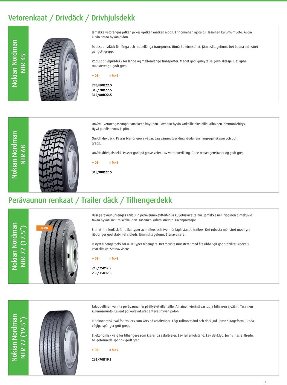 Meget god kjøreytelse. Jevn slitasje. Det åpne mønsteret gir godt grep. 295/80R22.5 315/70R22.5 315/80R22.5 NTR 68 On/off vetorengas ympärivuotiseen käyttöön. Soveltuu hyvin karkeille alustoille.