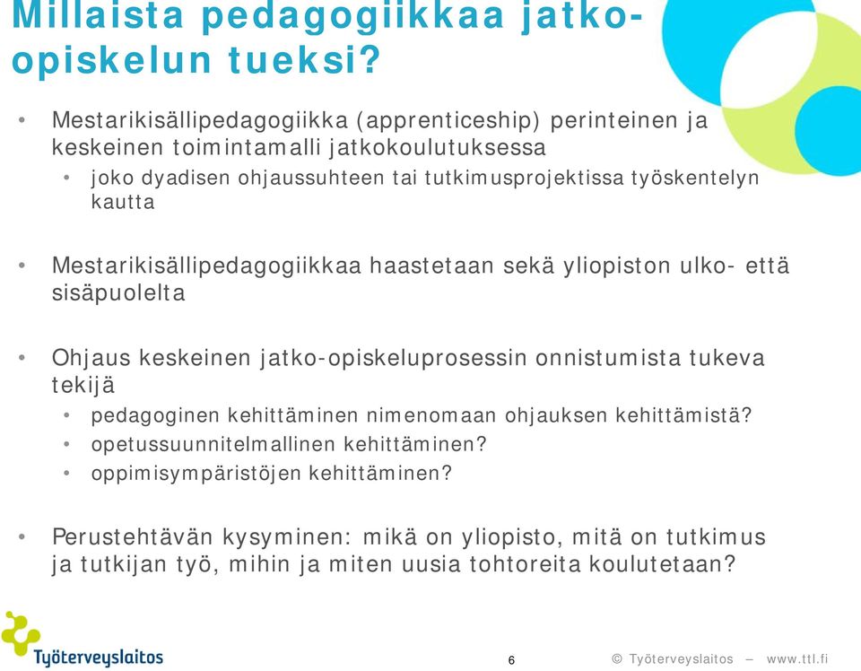 työskentelyn kautta Mestarikisällipedagogiikkaa haastetaan sekä yliopiston ulko- että sisäpuolelta Ohjaus keskeinen jatko-opiskeluprosessin onnistumista