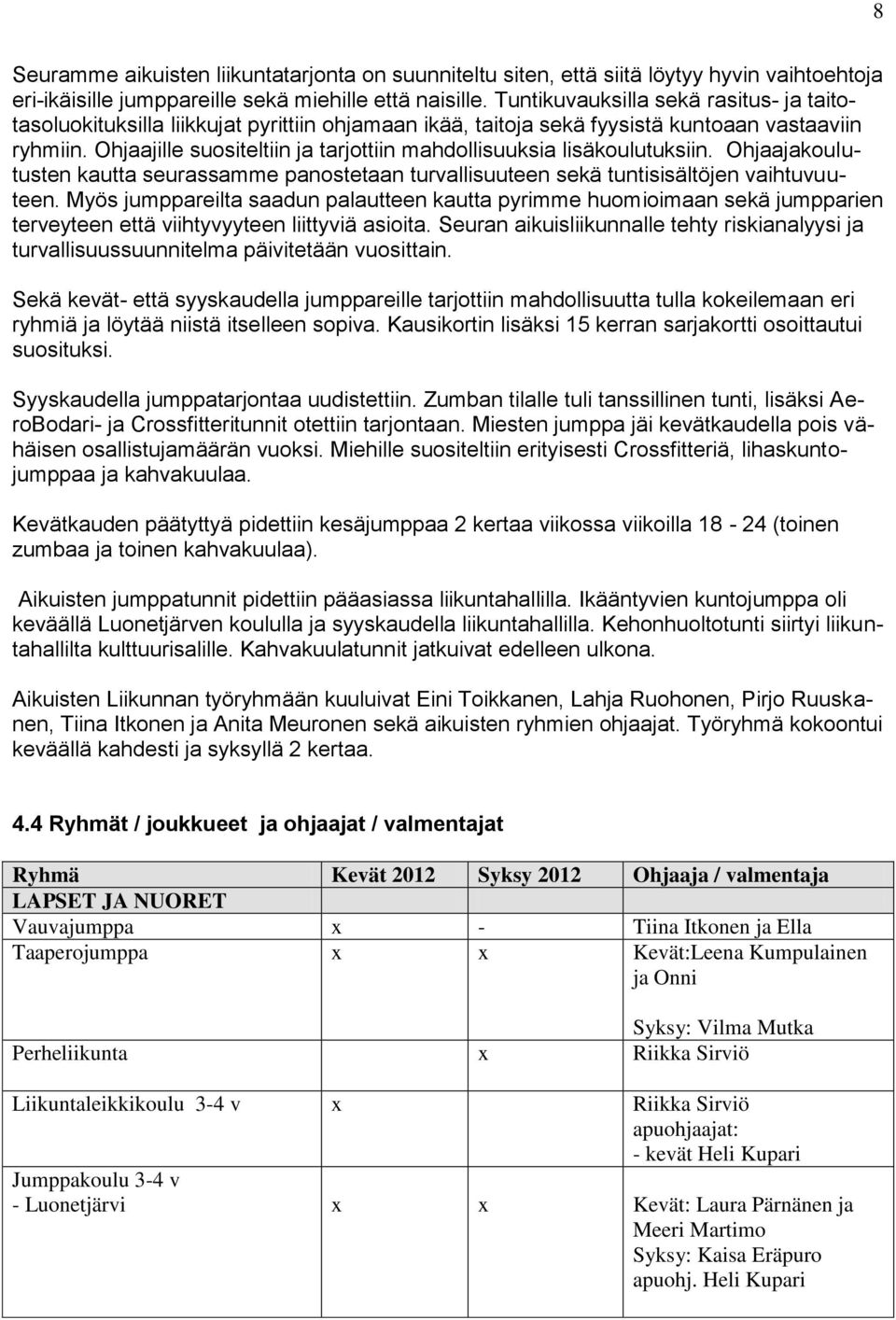 Ohjaajille suositeltiin ja tarjottiin mahdollisuuksia lisäkoulutuksiin. Ohjaajakoulutusten kautta seurassamme panostetaan turvallisuuteen sekä tuntisisältöjen vaihtuvuuteen.