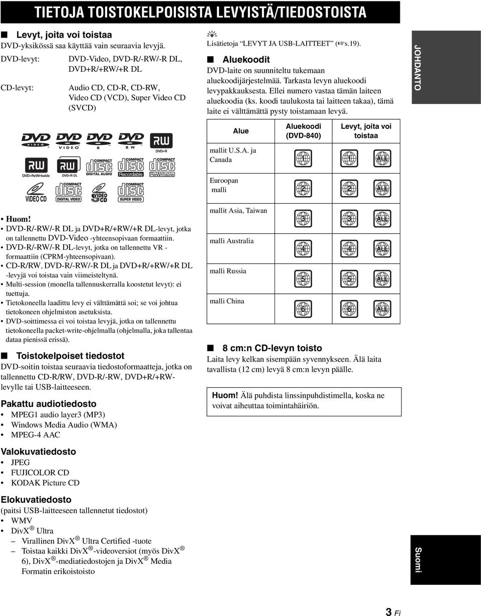 Aluekoodit DVD-laite on suunniteltu tukemaan aluekoodijärjestelmää. Tarkasta levyn aluekoodi levypakkauksesta. Ellei numero vastaa tämän laiteen aluekoodia (ks.