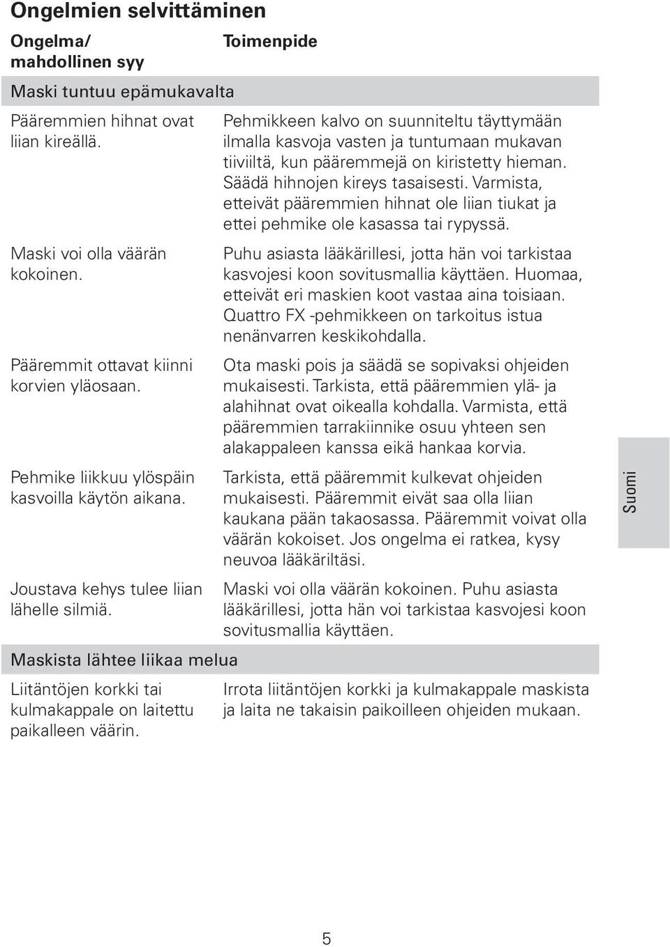 Pehmikkeen kalvo on suunniteltu täyttymään ilmalla kasvoja vasten ja tuntumaan mukavan tiiviiltä, kun pääremmejä on kiristetty hieman. Säädä hihnojen kireys tasaisesti.