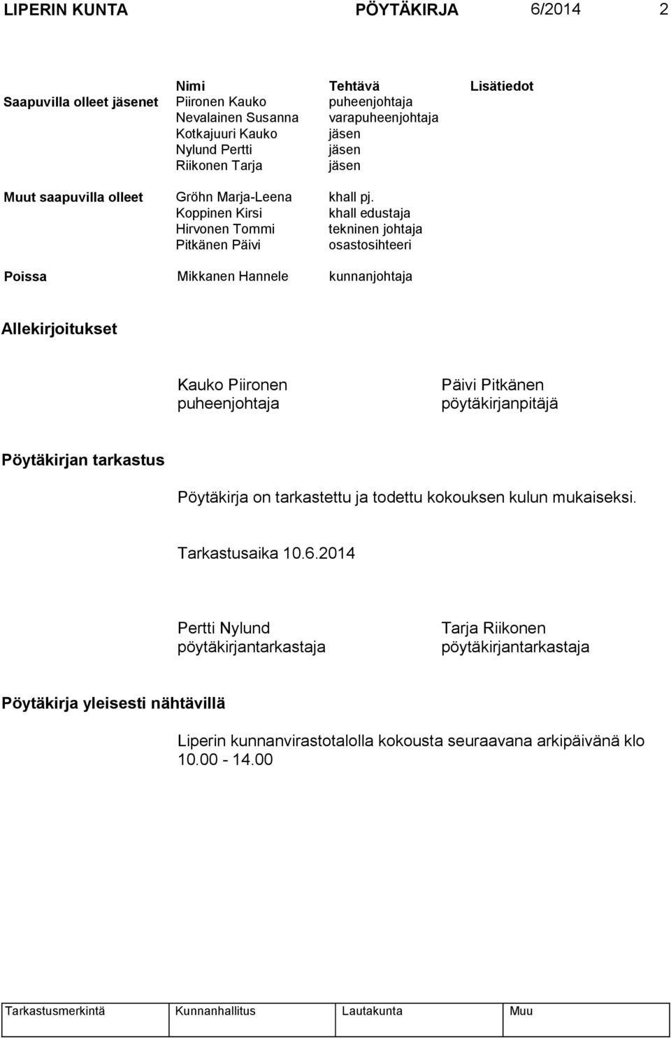 Koppinen Kirsi khall edustaja Hirvonen Tommi tekninen johtaja Pitkänen Päivi osastosihteeri Poissa Mikkanen Hannele kunnanjohtaja Allekirjoitukset Kauko Piironen puheenjohtaja Päivi Pitkänen