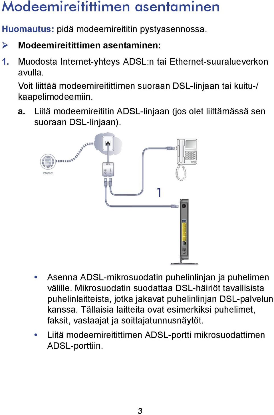 Internet 1 Asenna ADSL-mikrosuodatin puhelinlinjan ja puhelimen välille.