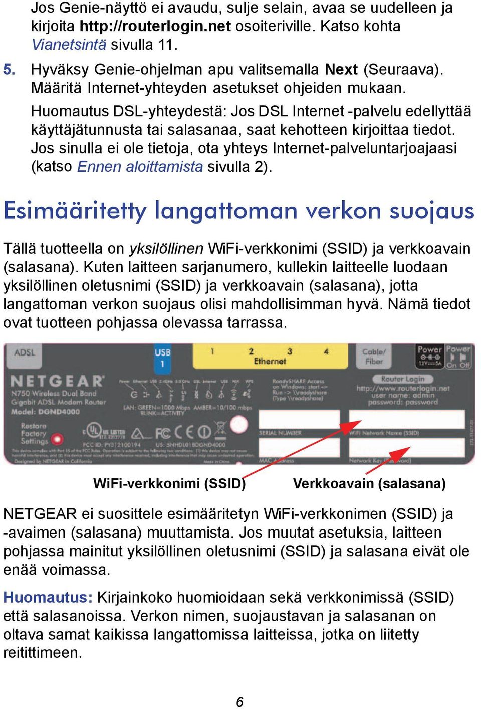 Huomautus DSL-yhteydestä: Jos DSL Internet -palvelu edellyttää käyttäjätunnusta tai salasanaa, saat kehotteen kirjoittaa tiedot.