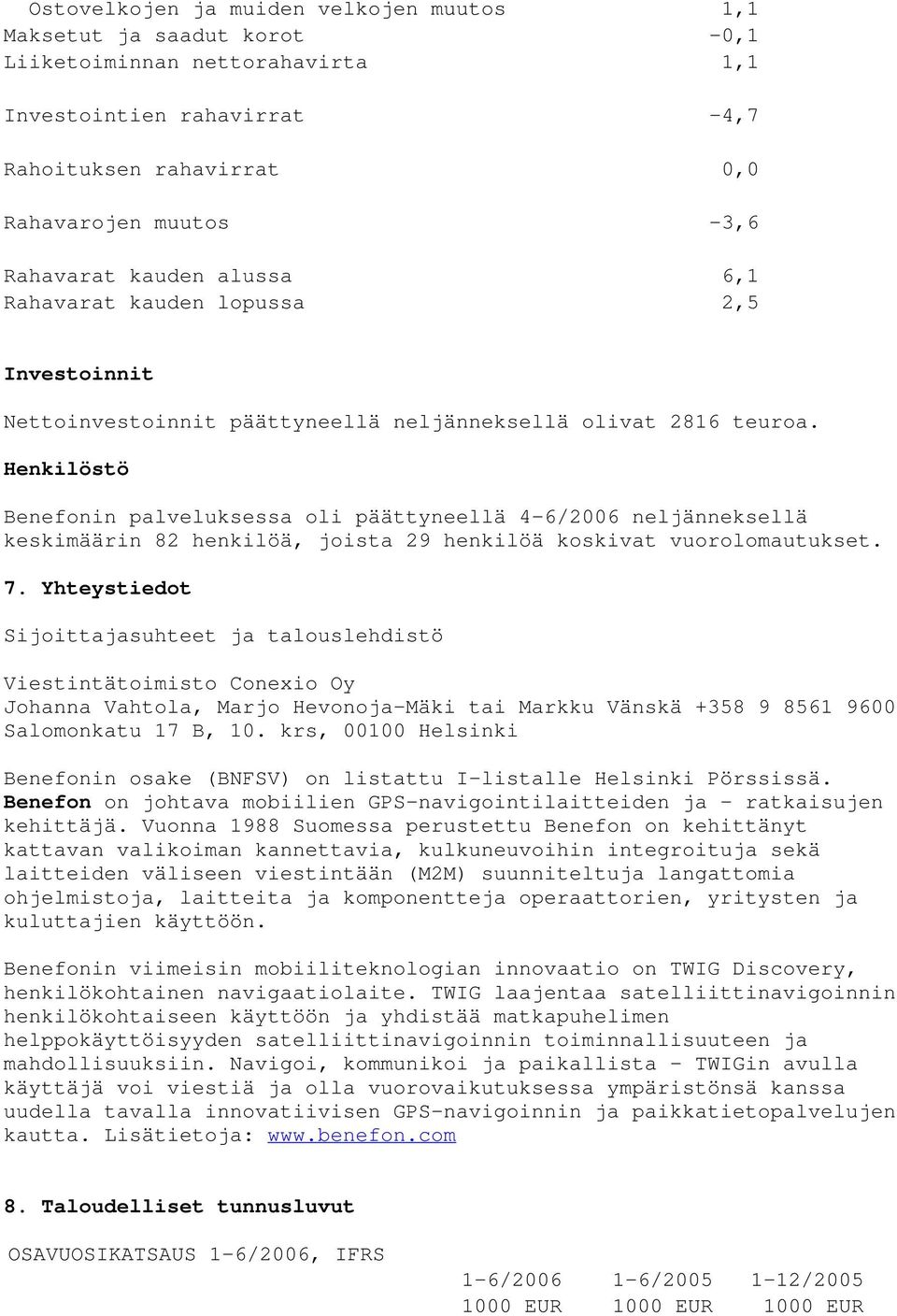 Henkilöstö Benefonin palveluksessa oli päättyneellä 4-6/2006 neljänneksellä keskimäärin 82 henkilöä, joista 29 henkilöä koskivat vuorolomautukset. 7.