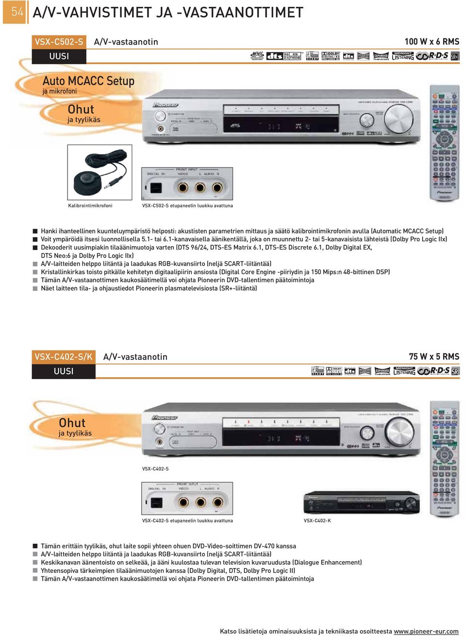 -kanavaisella äänikentällä, joka on muunnettu - tai 5-kanavaisista lähteistä (Dolby Pro Logic IIx) Dekooderit uusimpiakin tilaäänimuotoja varten (DTS 96/4, DTS-ES Matrix 6., DTS-ES Discrete 6.