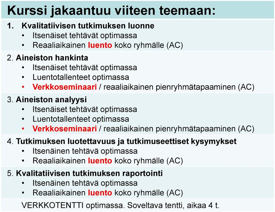 Aineiston analyysi Itsenäiset tehtävät optimassa Luentotallenteet optimassa Verkkoseminaari / reaaliaikainen pienryhmätapaaminen (AC) 4.