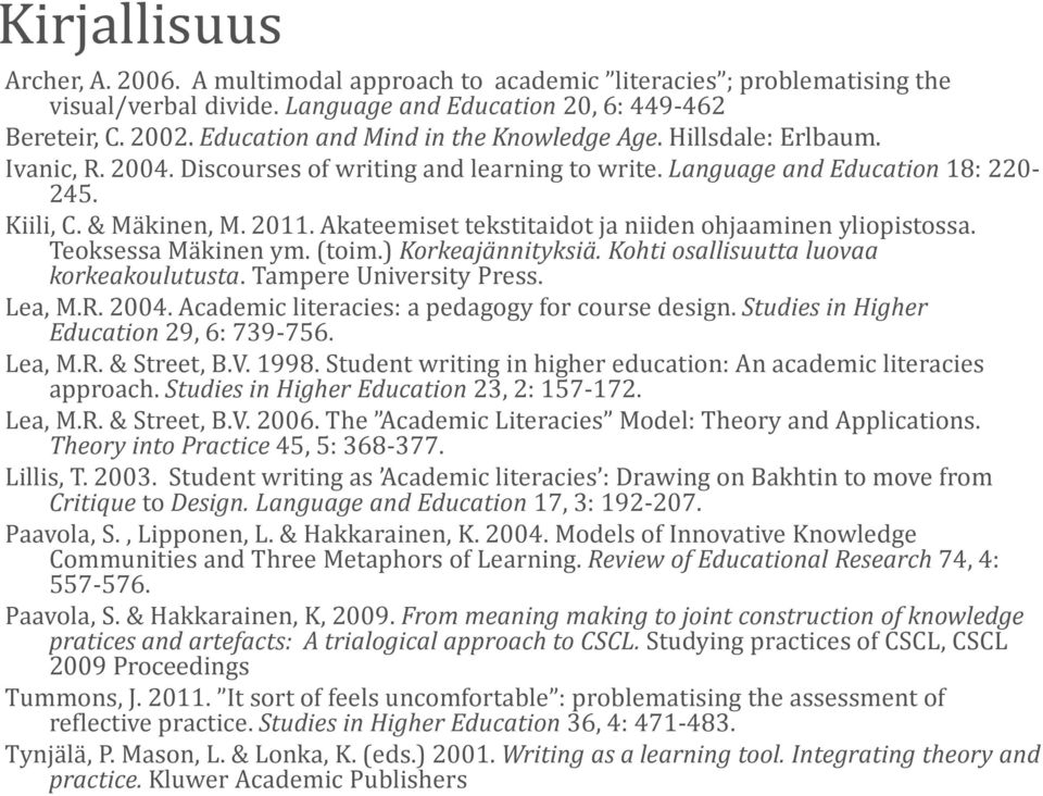 Akateemiset tekstitaidot ja niiden ohjaaminen yliopistossa. Teoksessa Mäkinen ym. (toim.) Korkeajännityksiä. Kohti osallisuutta luovaa korkeakoulutusta. Tampere University Press. Lea, M.R. 2004.
