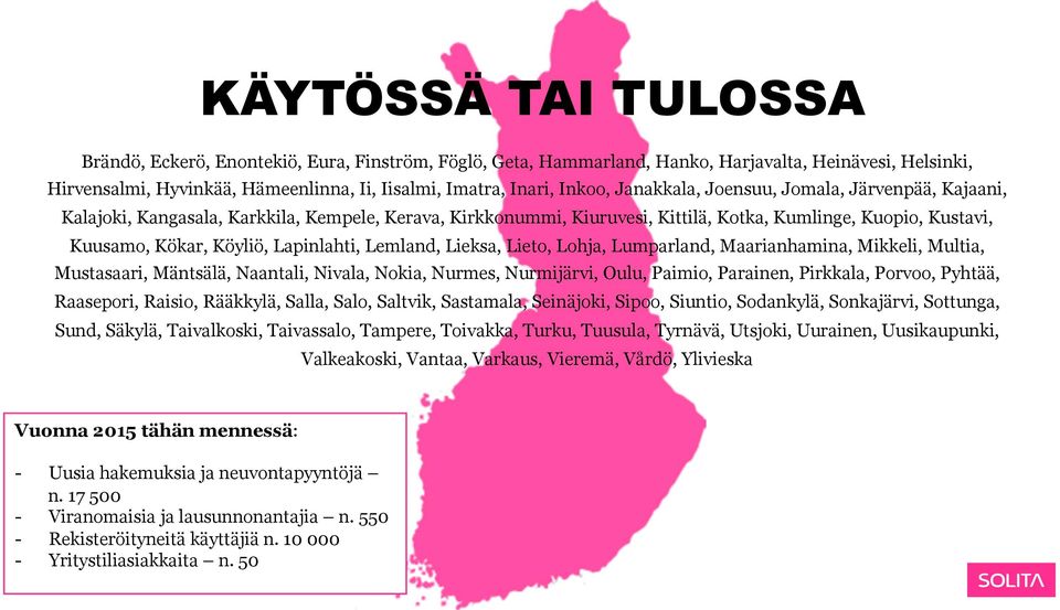 Lemland, Lieksa, Lieto, Lohja, Lumparland, Maarianhamina, Mikkeli, Multia, Mustasaari, Mäntsälä, Naantali, Nivala, Nokia, Nurmes, Nurmijärvi, Oulu, Paimio, Parainen, Pirkkala, Porvoo, Pyhtää,