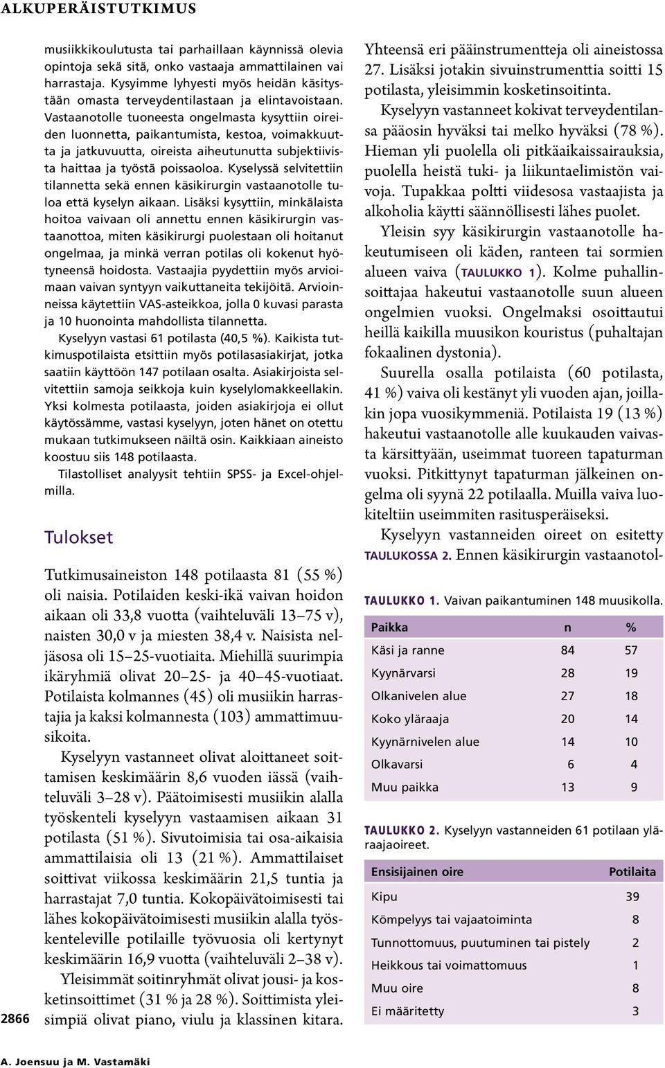 Vastaanotolle tuoneesta ongelmasta kysyttiin oireiden luonnetta, paikantumista, kestoa, voimakkuutta ja jatkuvuutta, oireista aiheutunutta subjektiivista haittaa ja työstä poissaoloa.