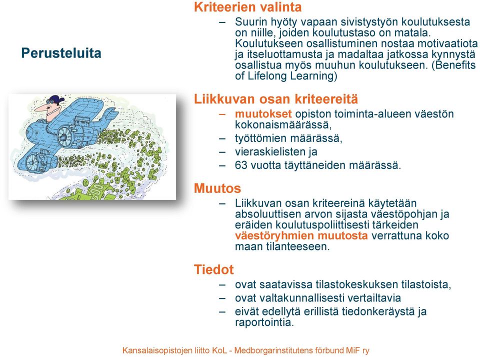 (Benefits of Lifelong Learning) Liikkuvan osan kriteereitä muutokset opiston toiminta-alueen väestön kokonaismäärässä, työttömien määrässä, vieraskielisten ja 63 vuotta täyttäneiden määrässä.