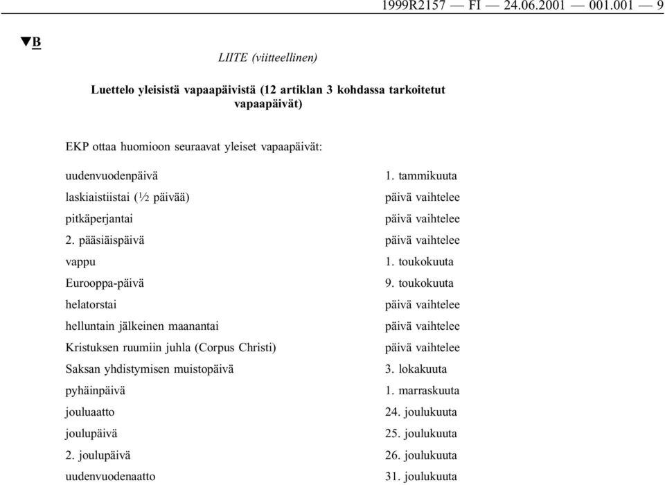 uudenvuodenpäivä 1. tammikuuta laskiaistiistai ( 1 2 päivää) päivä vaihtelee pitkäperjantai päivä vaihtelee 2. pääsiäispäivä päivä vaihtelee vappu 1.