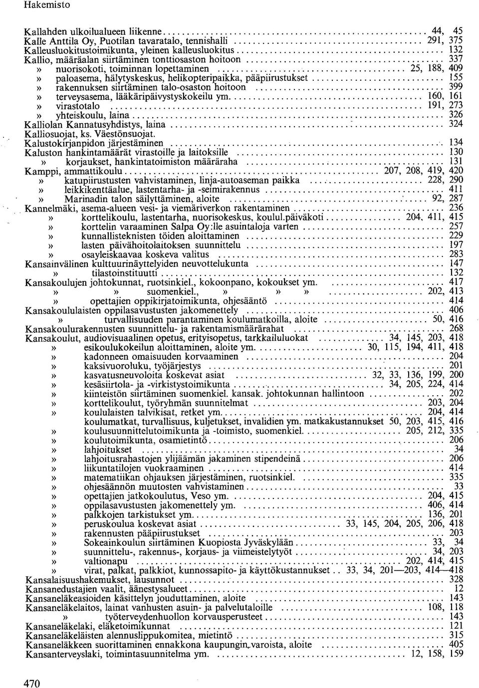 lääkäripäivystyskokeilu ym 160, 161» virastotalo 191, 273» yhteiskoulu, laina 326 Kalliolan Kannatusyhdistys, laina : 324 Kalliosuojat, ks. Väestönsuojat.