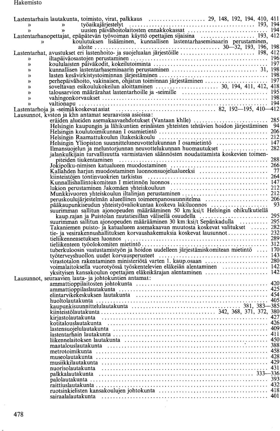 suojelualan järjestöille 198, 412» iltapäiväosastojen perustaminen 196» koululaisten päiväkodit, kokeilutoiminta 197» kunnallisen lastentarhaseminaarin perustaminen 31, 198» lasten