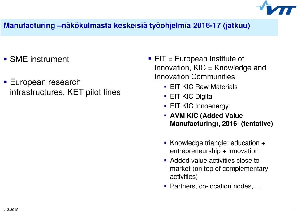 EIT KIC Innoenergy AVM KIC (Added Value Manufacturing), 2016- (tentative) Knowledge triangle: education + entrepreneurship +