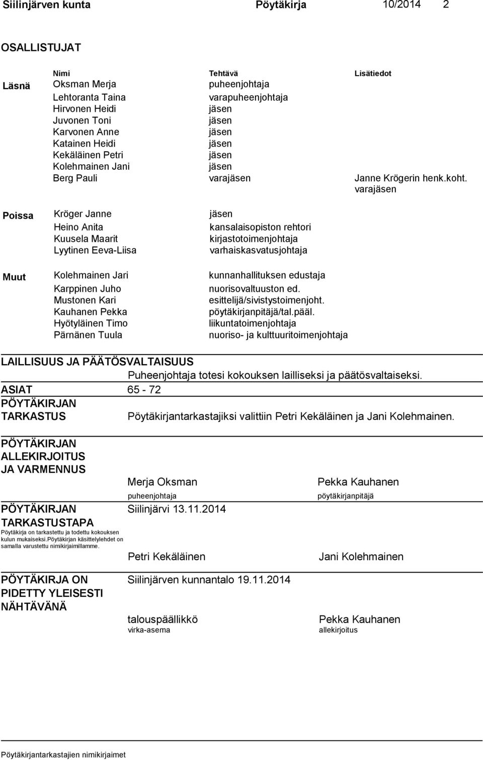 varajäsen Poissa Kröger Janne jäsen Heino Anita kansalaisopiston rehtori Kuusela Maarit kirjastotoimenjohtaja Lyytinen Eeva-Liisa varhaiskasvatusjohtaja Muut Kolehmainen Jari kunnanhallituksen