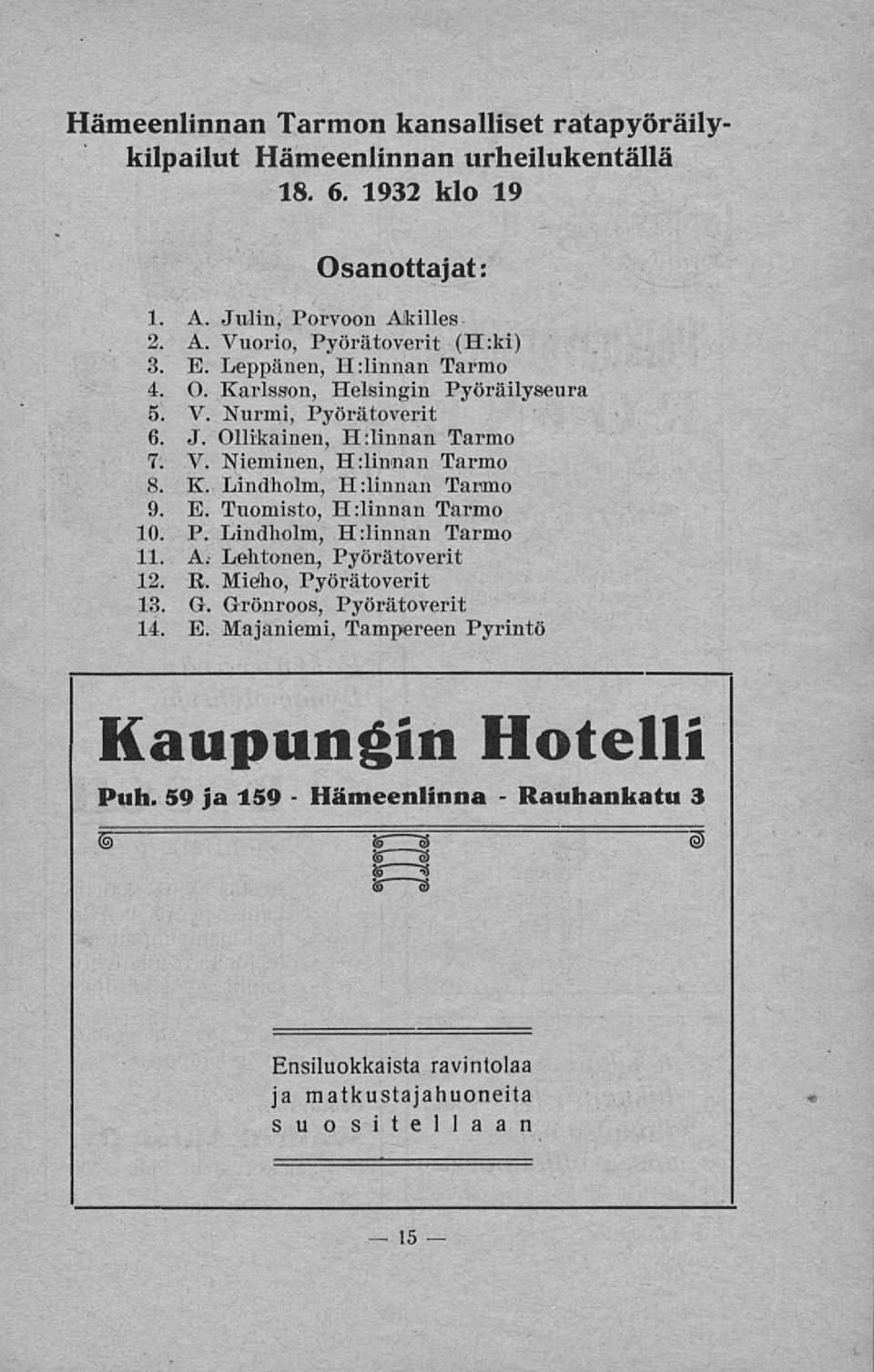 Ollikainen, H :linnan Tarmo 7. V. Nieminen, H:lin<nan Tarmo 8. K. Lindholm, H:linnan Tarmo 9. E. Tuomisto, H:linnan Tarmo 10. P. Lindholm, H:linnan Tarmo 11. A.