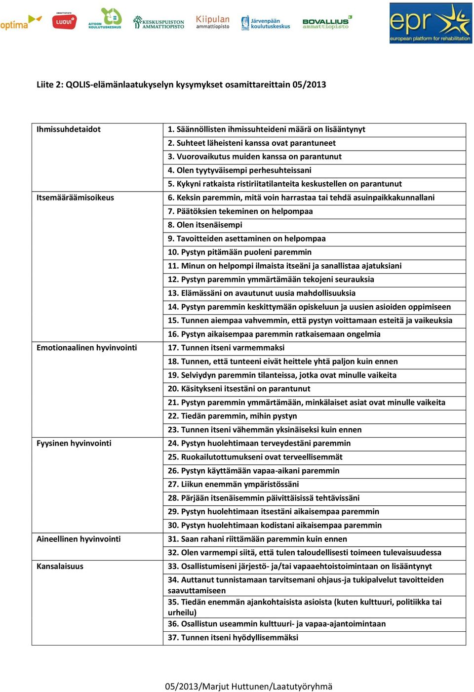 Kykyni ratkaista ristiriitatilanteita keskustellen on parantunut 6. Keksin paremmin, mitä voin harrastaa tai tehdä asuinpaikkakunnallani 7. Päätöksien tekeminen on helpompaa 8. Olen itsenäisempi 9.