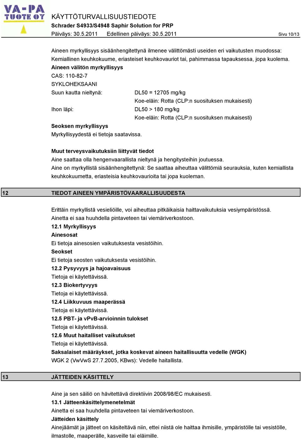 2011 Sivu 10/13 Aineen myrkyllisyys sisäänhengitettynä ilmenee välittömästi useiden eri vaikutusten muodossa: Kemiallinen keuhkokuume, eriasteiset keuhkovauriot tai, pahimmassa tapauksessa, jopa