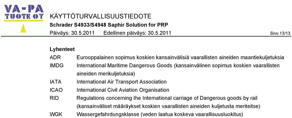 2011 Sivu 13/13 Lyhenteet ADR Eurooppalainen sopimus koskien kansainvälisiä vaarallisten aineiden maantiekuljetuksia IMDG International Maritime