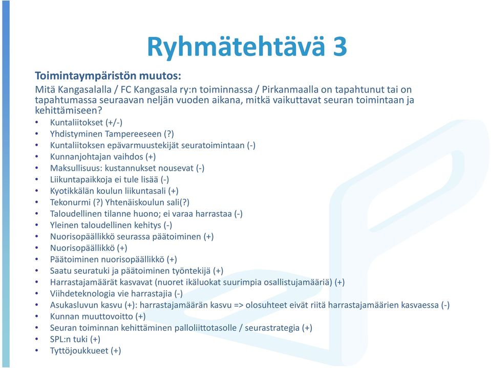 ) Kuntaliitoksen epävarmuustekijät seuratoimintaan (-) Kunnanjohtajan vaihdos (+) Maksullisuus: kustannukset nousevat (-) Liikuntapaikkoja ei tule lisää (-) Kyotikkälän koulun liikuntasali (+)