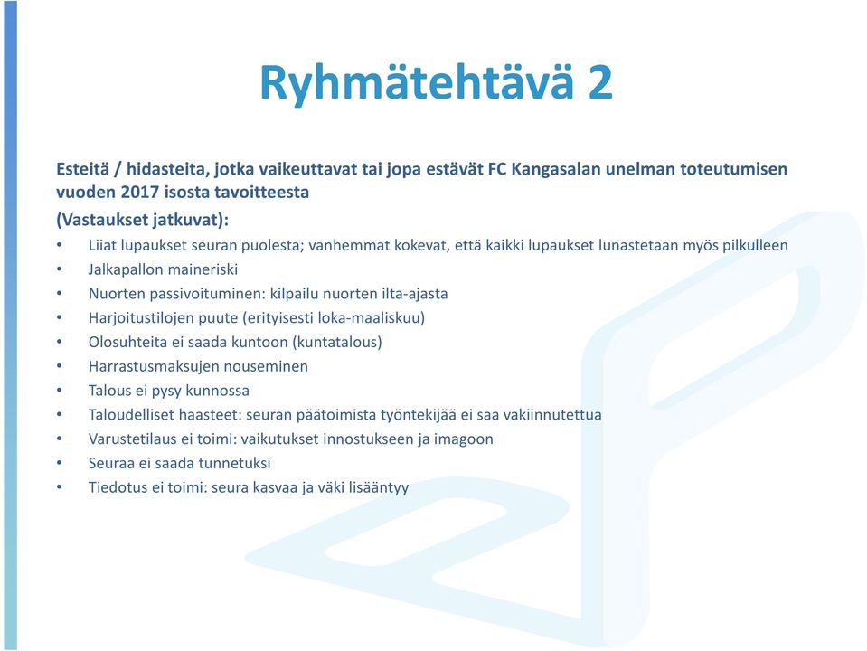 Harjoitustilojen puute (erityisesti loka-maaliskuu) Olosuhteita ei saada kuntoon (kuntatalous) Harrastusmaksujen nouseminen Talous ei pysy kunnossa Taloudelliset haasteet: