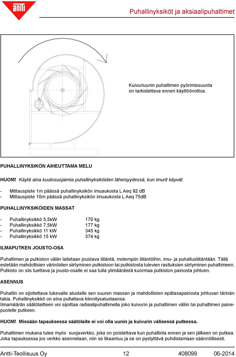 Puhallinyksikkö 7,5kW 177 kg - Puhallinyksikkö 11 kw 345 kg - Puhallinyksikkö 15 kw 374 kg ILMAPUTKEN JOUSTO-OSA Puhaltimen ja putkiston väliin laitetaan joustava liitäntä, molempiin liitäntöihin,