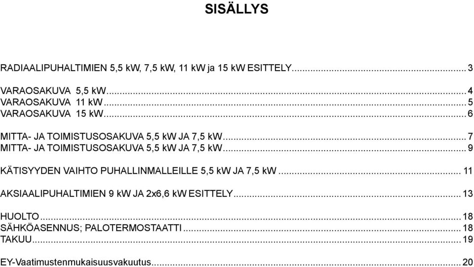 .. 7 MITTA- JA TOIMISTUSOSAKUVA 5,5 kw JA 7,5 kw... 9 KÄTISYYDEN VAIHTO PUHALLINMALLEILLE 5,5 kw JA 7,5 kw.