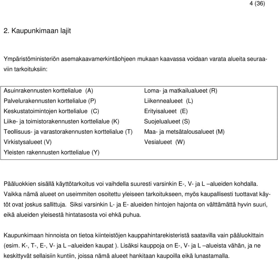 Keskustatoimintojen korttelialue (C) Liike- ja toimistorakennusten korttelialue (K) Teollisuus- ja varastorakennusten korttelialue (T) Virkistysalueet (V) Yleisten rakennusten korttelialue (Y) Loma-