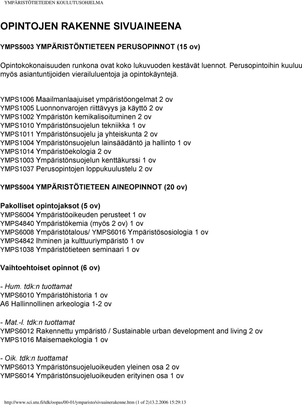 YMPS1006 Maailmanlaajuiset ympäristöongelmat 2 ov YMPS1005 Luonnonvarojen riittävyys ja käyttö 2 ov YMPS1002 Ympäristön kemikalisoituminen 2 ov YMPS1010 Ympäristönsuojelun tekniikka 1 ov YMPS1011