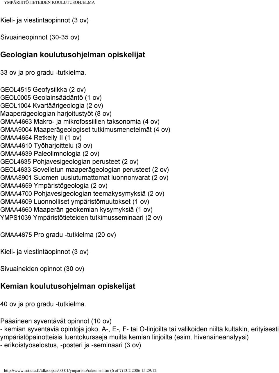 Maaperägeologiset tutkimusmenetelmät (4 ov) GMAA4654 Retkeily II (1 ov) GMAA4610 Työharjoittelu (3 ov) GMAA4639 Paleolimnologia (2 ov) GEOL4635 Pohjavesigeologian perusteet (2 ov) GEOL4633 Sovelletun