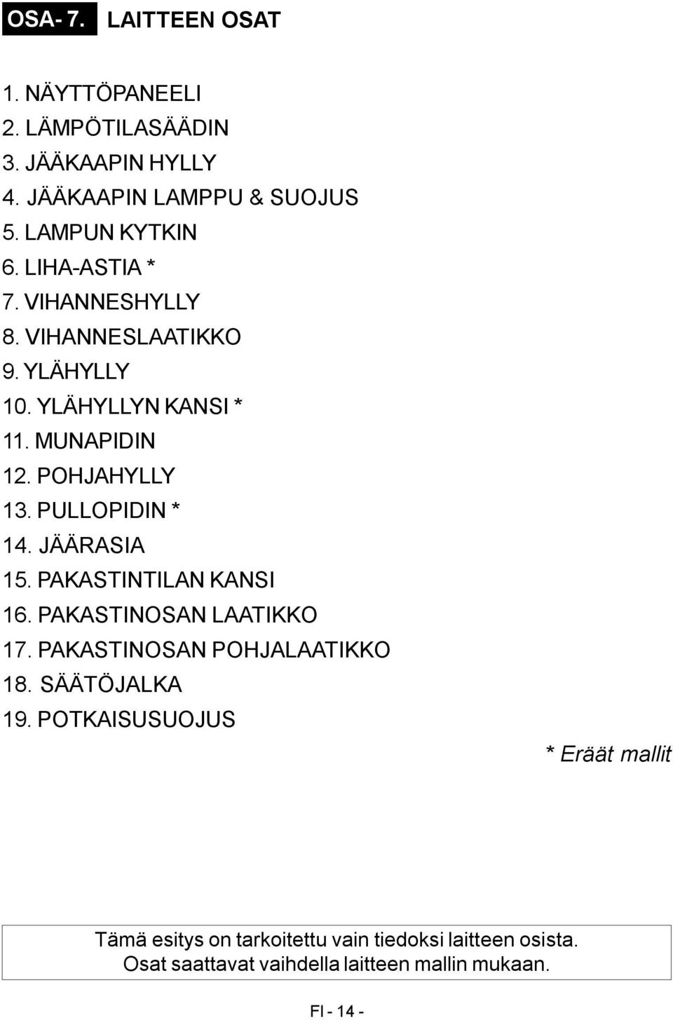 PULLOPIDIN * 14. JÄÄRASIA 15. PAKASTINTILAN KANSI 16. PAKASTINOSAN LAATIKKO 17. PAKASTINOSAN POHJALAATIKKO 18. SÄÄTÖJALKA 19.