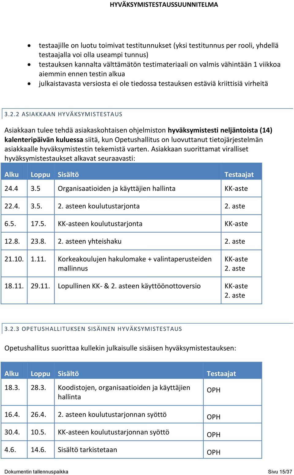 2 ASIAKKAAN HYVÄKSYMISTESTAUS Asiakkaan tulee tehdä asiakaskohtaisen ohjelmiston hyväksymistesti neljäntoista (14) kalenteripäivän kuluessa siitä, kun Opetushallitus on luovuttanut tietojärjestelmän