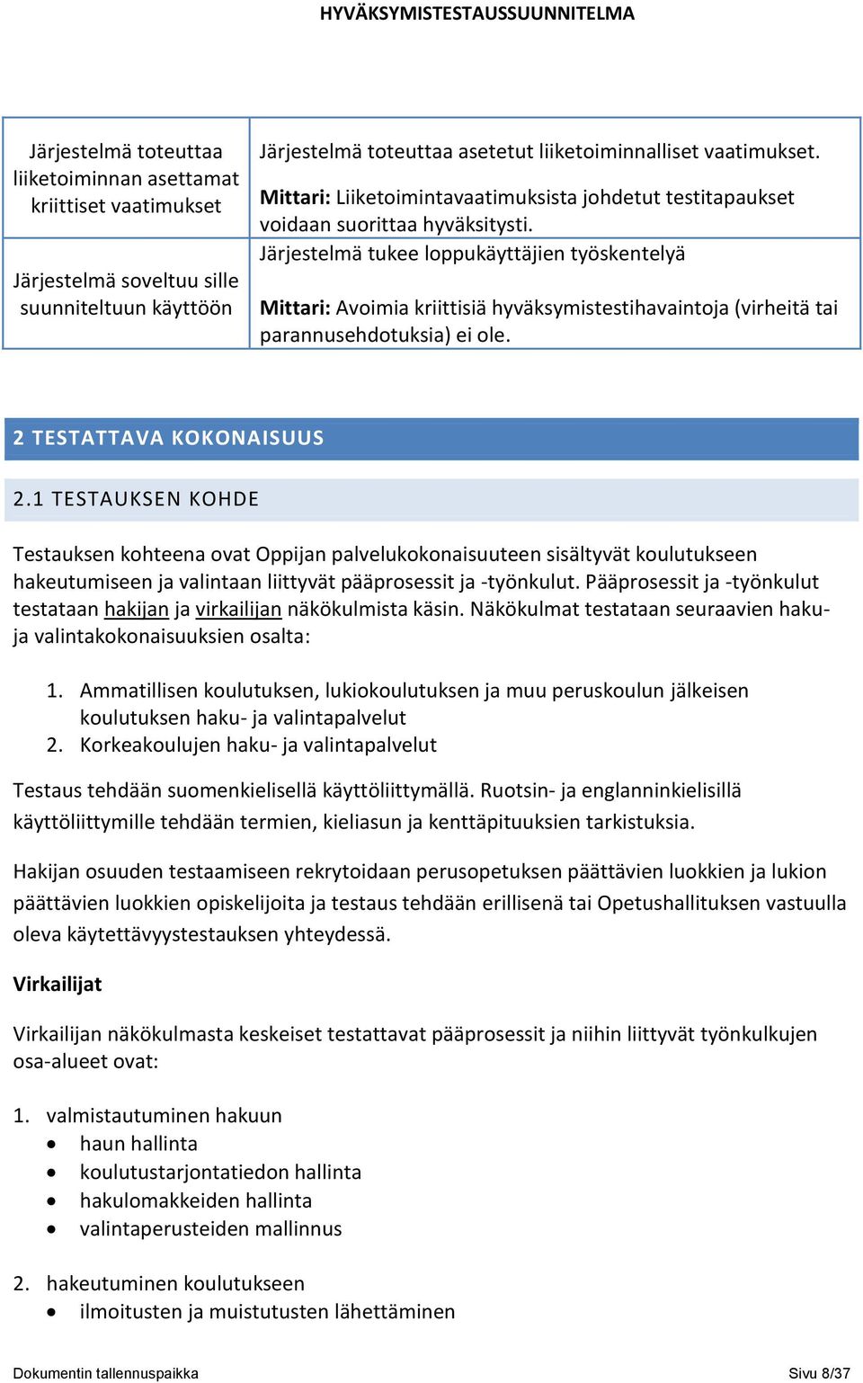 Järjestelmä tukee loppukäyttäjien työskentelyä Mittari: Avoimia kriittisiä hyväksymistestihavaintoja (virheitä tai parannusehdotuksia) ei ole. 2 TESTATTAVA KOKONAISUUS 2.