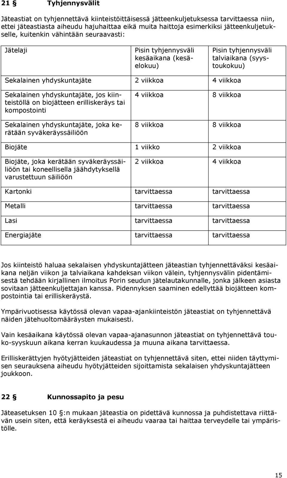 yhdyskuntajäte, jos kiinteistöllä on biojätteen erilliskeräys tai kompostointi Sekalainen yhdyskuntajäte, joka kerätään syväkeräyssäiliöön 4 viikkoa 8 viikkoa 8 viikkoa 8 viikkoa Biojäte 1 viikko 2