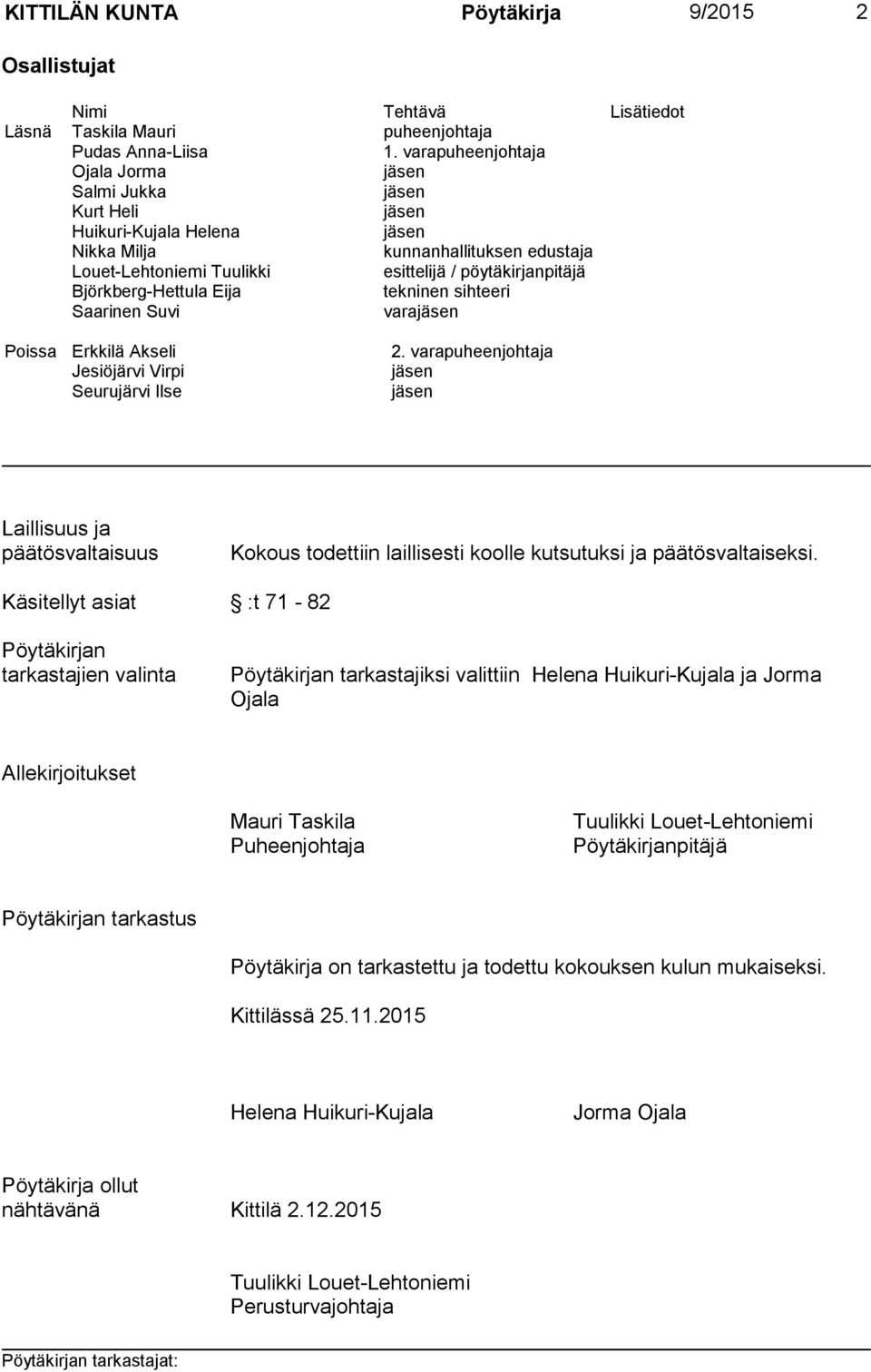 Björkberg-Hettula Eija tekninen sihteeri Saarinen Suvi varajäsen Poissa Erkkilä Akseli 2.