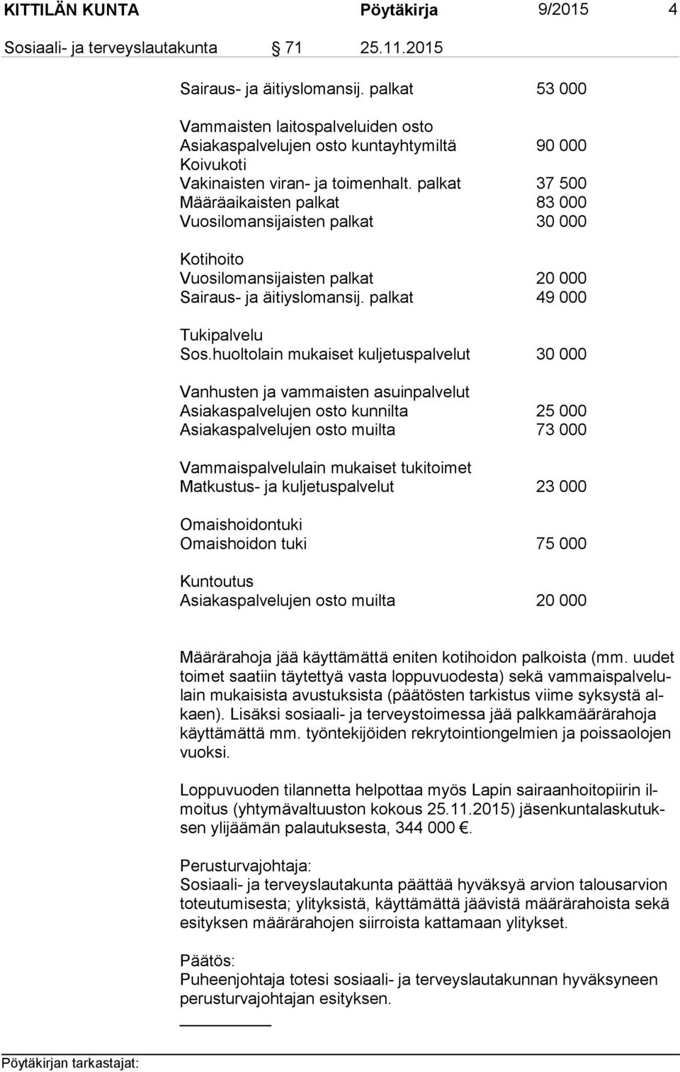 palkat 37 500 Määräaikaisten palkat 83 000 Vuosilomansijaisten palkat 30 000 Kotihoito Vuosilomansijaisten palkat 20 000 Sairaus- ja äitiyslomansij. palkat 49 000 Tukipalvelu Sos.