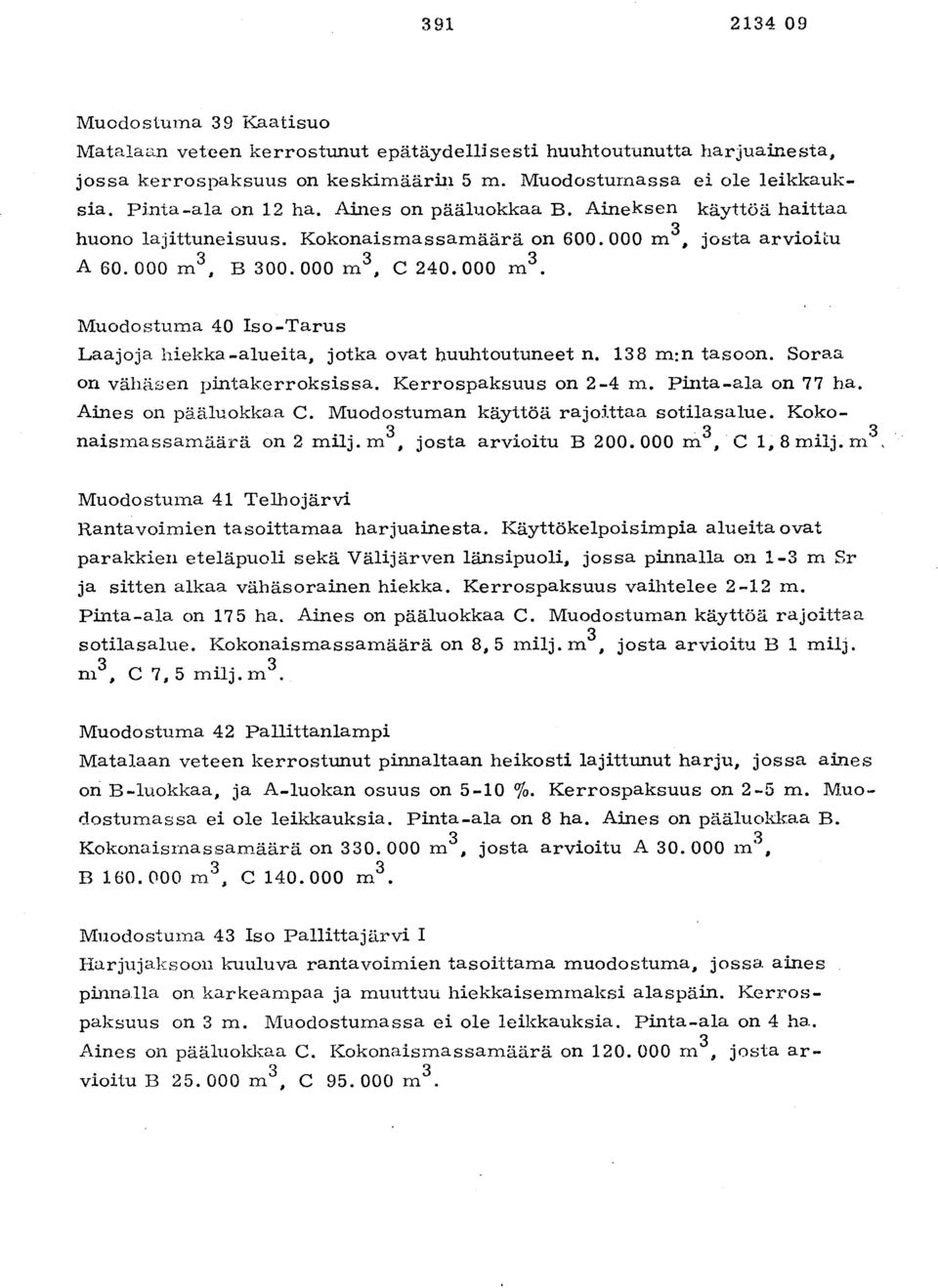 josta arvioitu A 60. 000 m3, B 300. 000 m3, c 240.000 m 3. Muodostuma 40 Iso-Taru s Laajoja hiekka -alueita, jotka ovat huuhtoutuneet n. 138 m:n tasoon. Soraa on vähäsen pintakerroksissa.