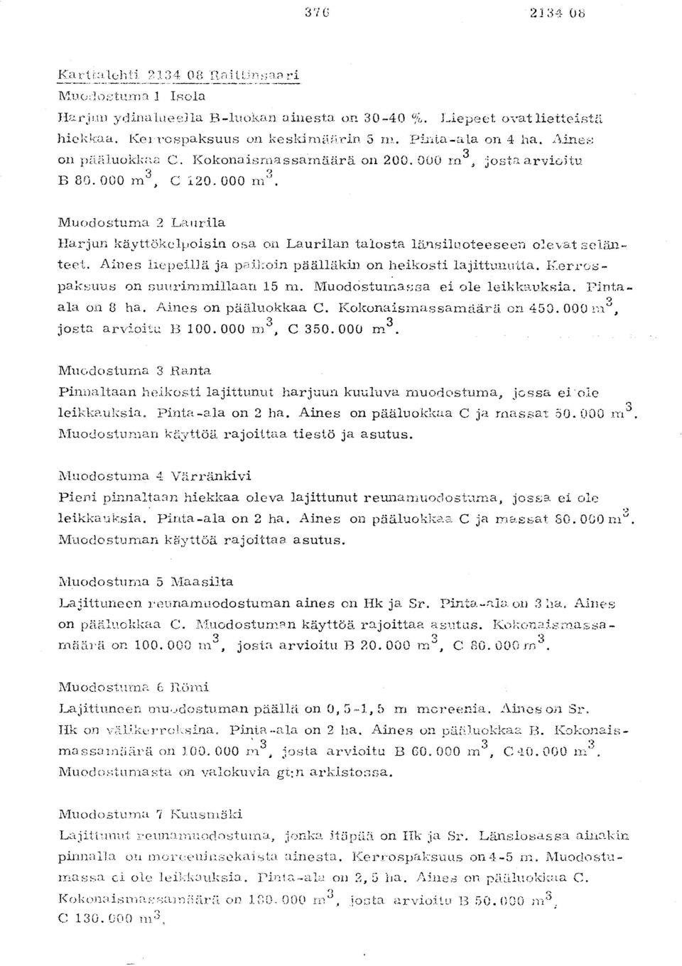 Muodosturna 2 Laurila Harjun kdyttökelpoisia osa on Laurilan talosta 1änsil4 oteeseen olevat seiiinteet. Aines ja pailioin pä.5,11äki.n on heikosti lajittunutta.