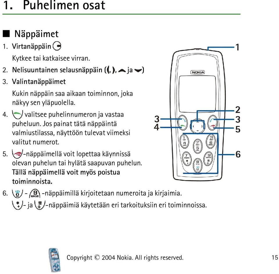 Jos painat tätä näppäintä valmiustilassa, näyttöön tulevat viimeksi valitut numerot. 5.