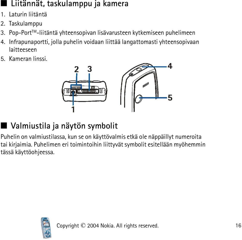 Infrapunaportti, jolla puhelin voidaan liittää langattomasti yhteensopivaan laitteeseen 5. Kameran linssi.