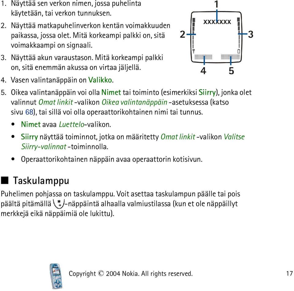 Oikea valintanäppäin voi olla Nimet tai toiminto (esimerkiksi Siirry), jonka olet valinnut Omat linkit -valikon Oikea valintanäppäin -asetuksessa (katso sivu 68), tai sillä voi olla