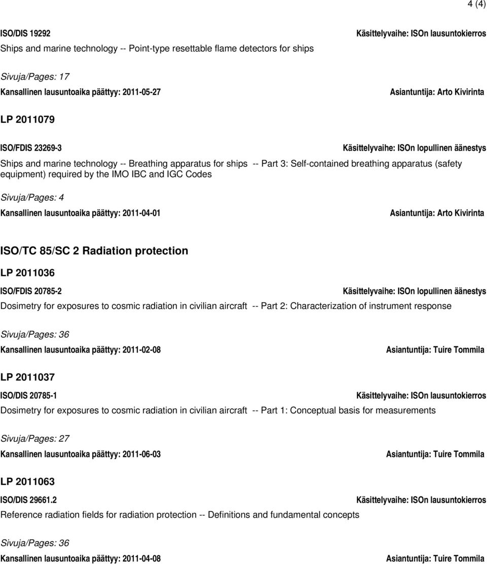 apparatus (safety equipment) required by the IMO IBC and IGC Codes Sivuja/Pages: 4 Kansallinen lausuntoaika päättyy: 2011-04-01 Asiantuntija: Arto Kivirinta ISO/TC 85/SC 2 Radiation protection LP