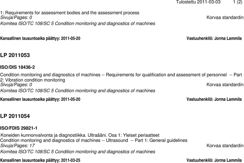 of personnel -- Part 2: Vibration condition monitoring Sivuja/Pages: 0 Korvaa standardin Komitea ISO/TC 108/SC 5 Condition monitoring and diagnostics of machines Kansallinen lausuntoaika päättyy: