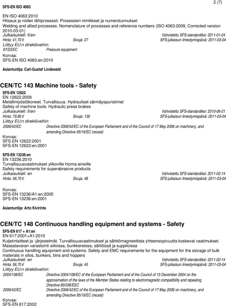 ilmestymispäivä: 2011-03-04 97/23/EC Pressure equipment SFS-EN ISO 4063:en:2010 Asiantuntija: Carl-Gustaf Lindewald CEN/TC 143 Machine tools - Safety SFS-EN 12622 EN 12622:2009 Metallintyöstökoneet.